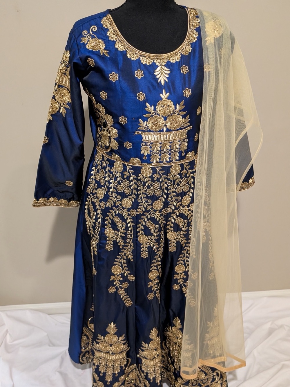 Embroidered Navy Blue Anarkali Dress with Gold Accents (Broken Zipper)